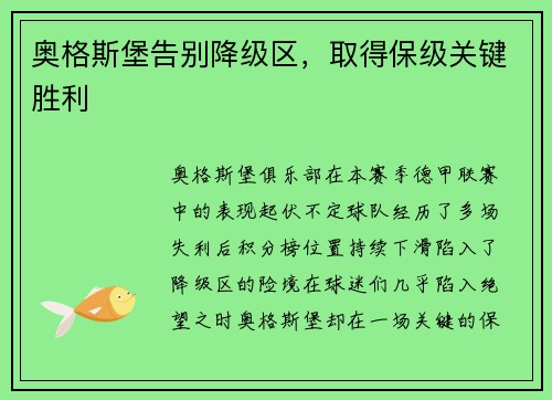 奥格斯堡告别降级区，取得保级关键胜利