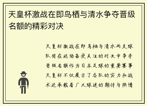 天皇杯激战在即鸟栖与清水争夺晋级名额的精彩对决